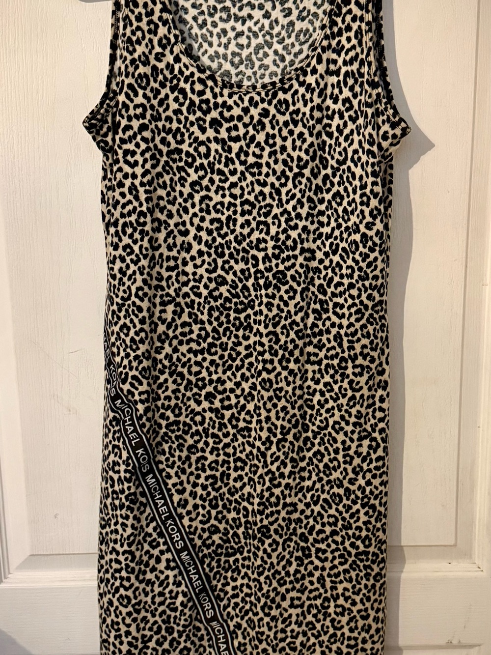 Michael Kors Leopard Cheetah Animal Print Logo Tape Asymmetrical Midi Dress M